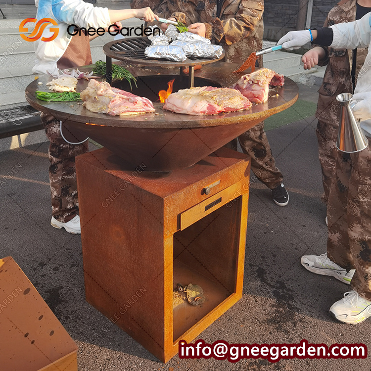 Metal Rusty And Retro Corten Steel Bbq Grill With Burning Charcoal For Family Bbq And Party