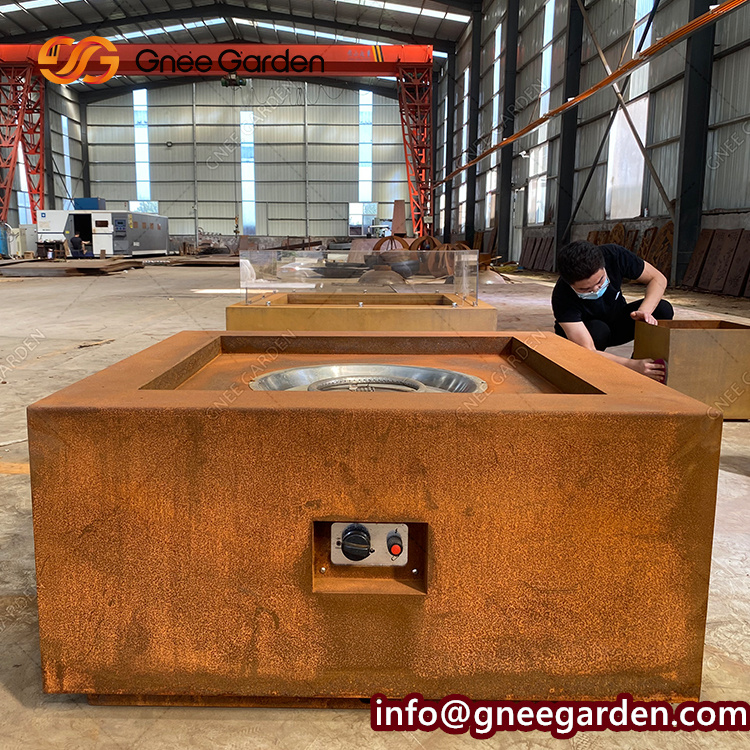 Garden Outdoor Heater Decor Square Corten Steel Gas Fire Pit Table