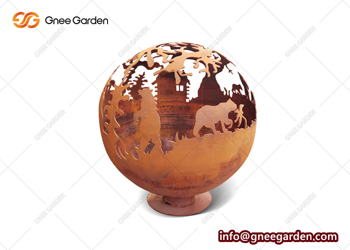 Hollow Metal Ball Corten Steel Fire Ball Outdoor Laser Cut Metal Leaf Fire Pit Ball