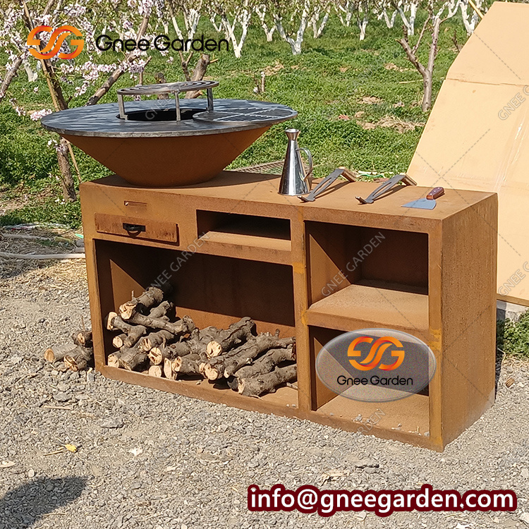 Corten Metal Fire pit Garden steel BBQ Set Cooking Furniture Barbecue Grill