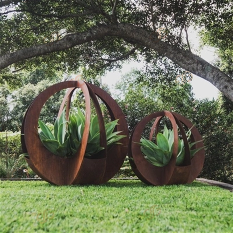 Decorative Large Corten Steel Metal Blade Ball Flower Planters For Garden Landscape