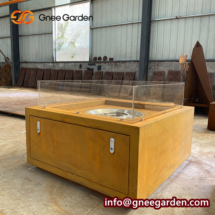 Backyard Garden Heater Corten Steel Square Natural Gas Fire Pit Table
